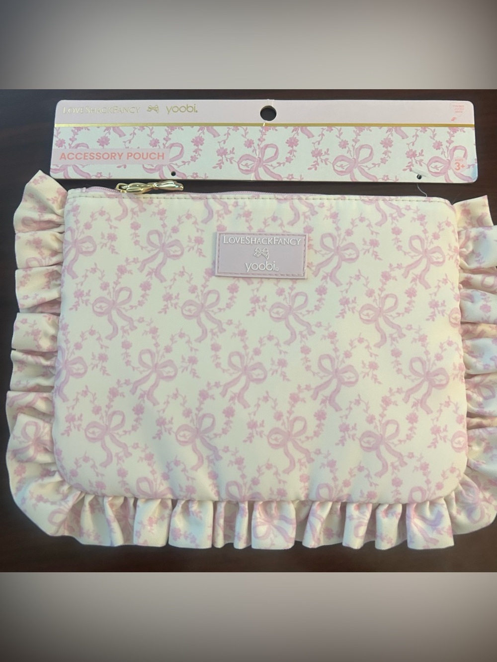 LoveShackFancyxYoobi Coquette Gold  Bow Zip Accessory Case w/Ruffles Chantilly